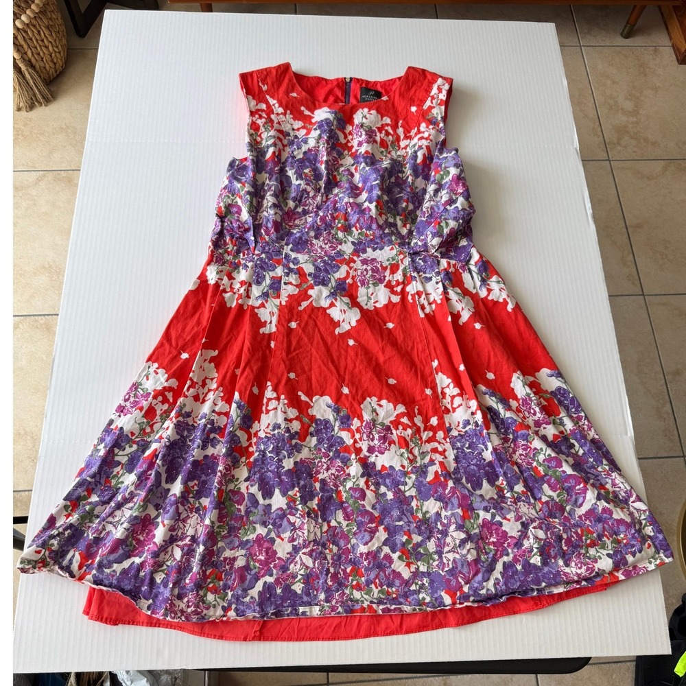 Adrianna Papell Red Floral Fit & Flare Dress Women 16W Sleeveless Cotton Stretch